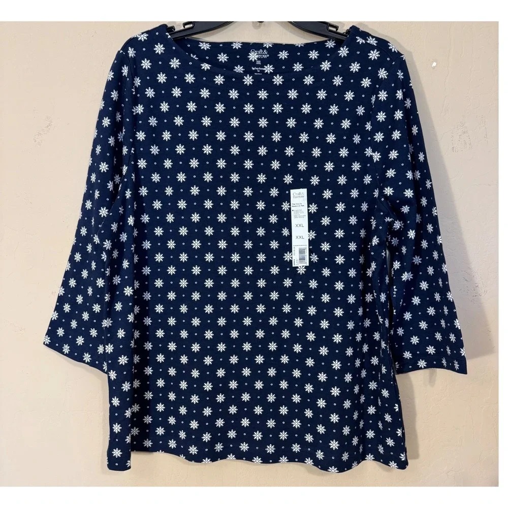 Croft & Barrow Boatneck Tee Women XXL Blue Snowflake 3/4 Sleeve Cotton‎ Top NEW